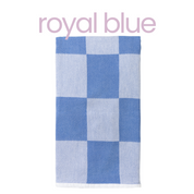 Checkered Turkish Towel with blue and white Checkers on a white background, labeled 'royal blue'.