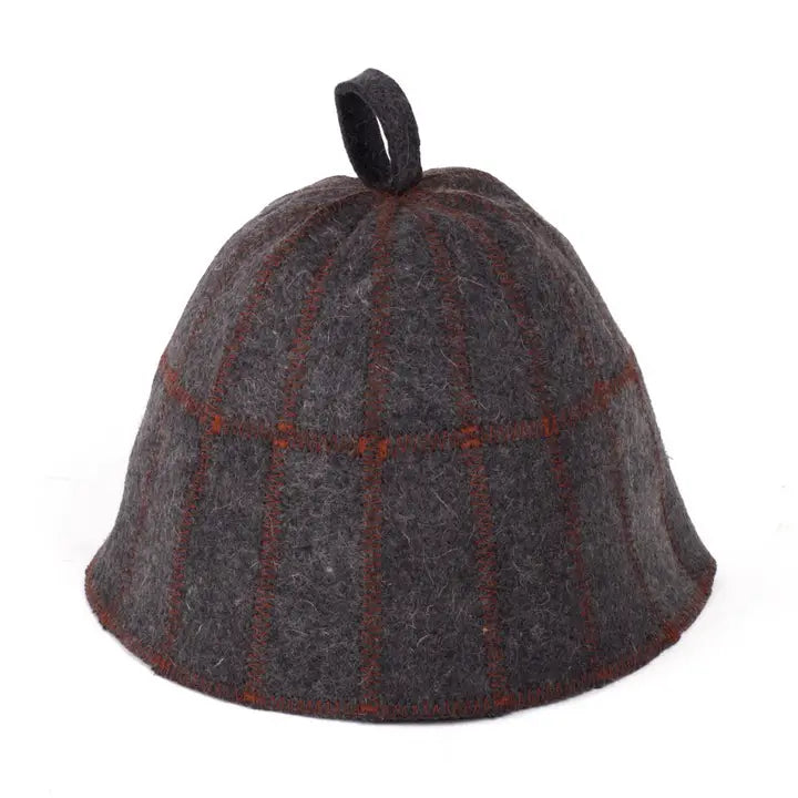 Grey woolen cage felt hat with red trimming