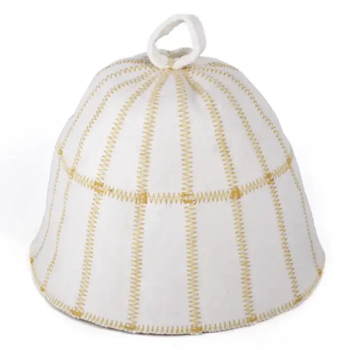 White woollen cage sauna hat with gold trimming 