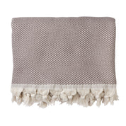 A brown throw blanket with a herringbone pattern and fringed edges on a white background.