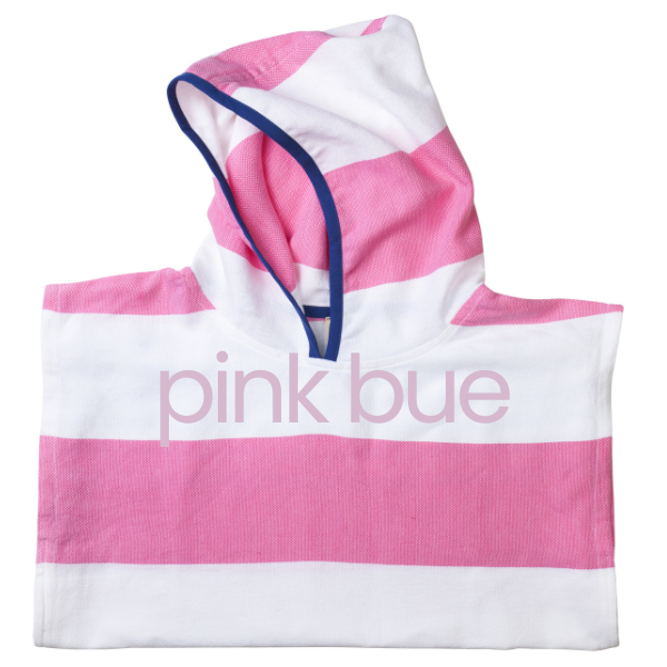 Pink and white striped towel with 'pink bue' branding on a white background