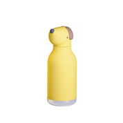 Yellow water bottle shaped like a dog on a white background