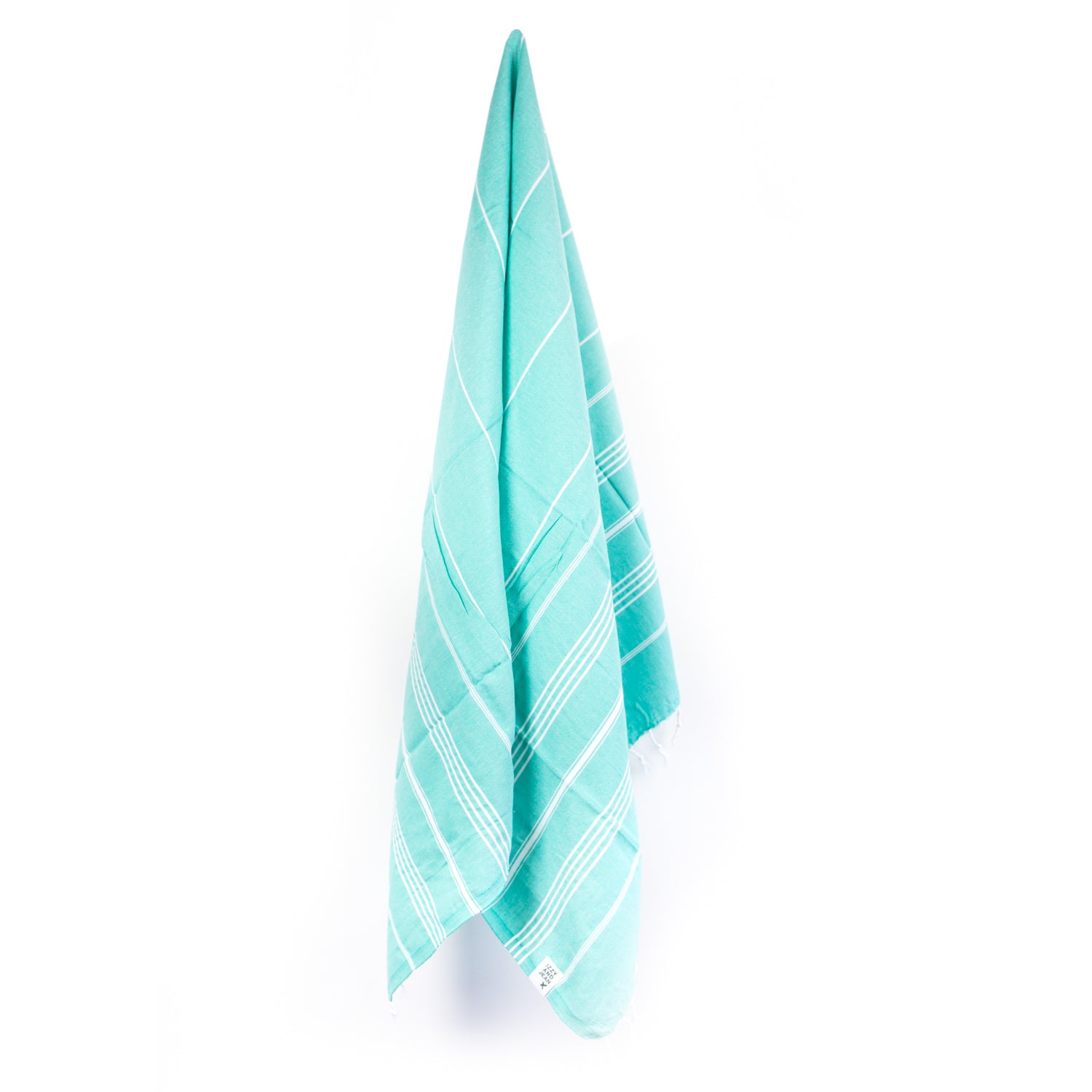 A turquoise Turkish towel with white stripes, displayed hanging from a hook.