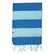 A folded striped towel with bands of blue and mint colours, featuring a lightweight design with tassels on the edges.