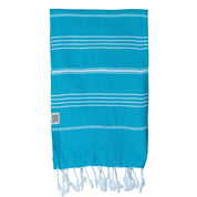 A blue/marine coloured Classic Turkish towel with white stripes and fringes displayed on a white background.