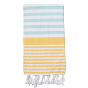 A striped Turkish towel in mint, yellow, and white colours with white fringes at the end.